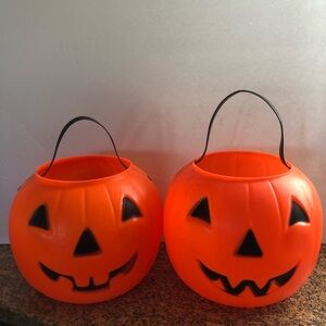 Lot of 2 Vintage Orange Blow Mold Pumpkin Candy Pails Riveted Handles